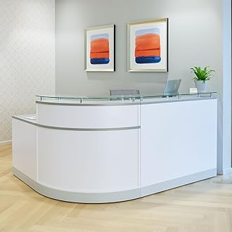 NBF L Shaped Modern Reception Desk with Counter - 79" W x 63" D Retail Checkout Counter - Curved Front Desk Reception Station - Countertop Welcome Station for Office Lobby Salon Store (White)
