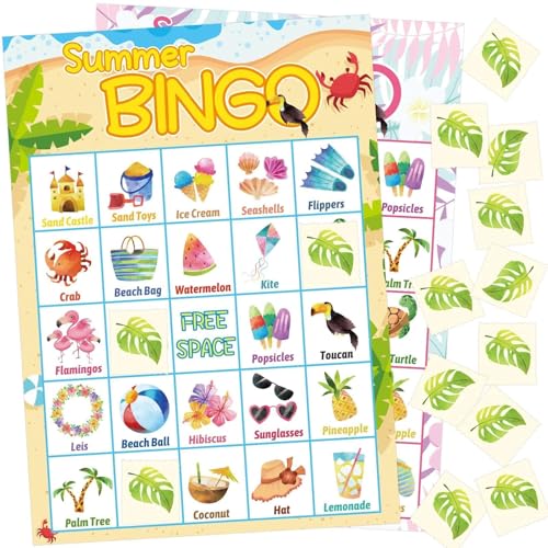 Fancy Land Summer Bingo Game for Kids 24 Players Hawaiian Tropical Summer Luau End of Year Graduation Party Favors Supplies