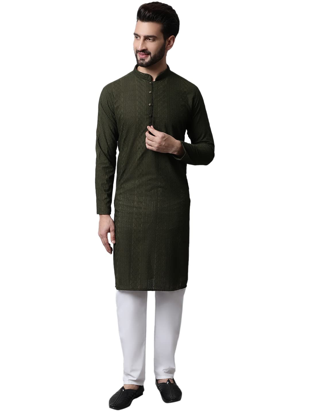 Jompers Men Olive Green Embroidered Pure Cotton Kurta With Pyjamas (Olive, Xxl)