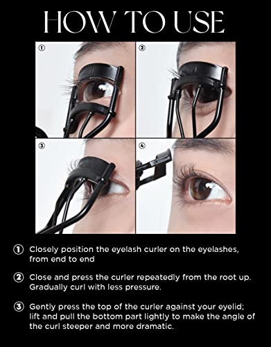 Equmal Curved Edge Eyelash Curler With 2 Refill Pads & Satin Pouch - For Asian Eyes - No Pinching Or Pulling And Perfect For Short And Straight Flat Lashes - 2 Different Curling Style - Gentle & Safe #TOP4