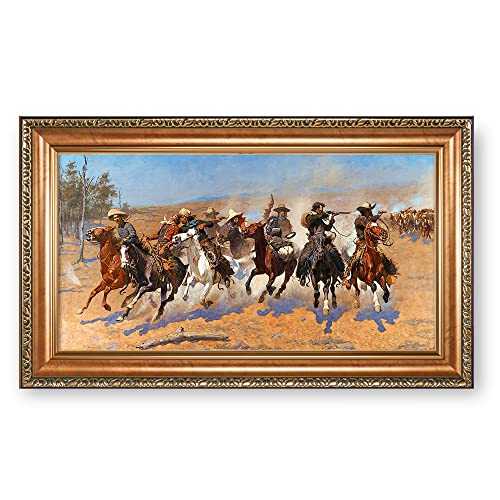 A Dash for the Timber by Frederic Remington The World Classic Art Reproductions,Framed Art for HomeDecor,Image Size:24x12 inches,Luxurious Gold Embossing Framed Size:28.5x16.5 inchs