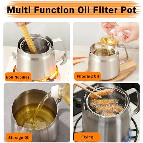 Miniatura 7 de Vexnaro Recipiente Filtrante De Grasa 2l En Acero Inoxidable 304 Con Colador De Malla Fina, Cesta De Freír Y Tapa Antipolvo, Multiuso Aceite Filtrante Para Freír, Cocinar Y Guardar Aceite