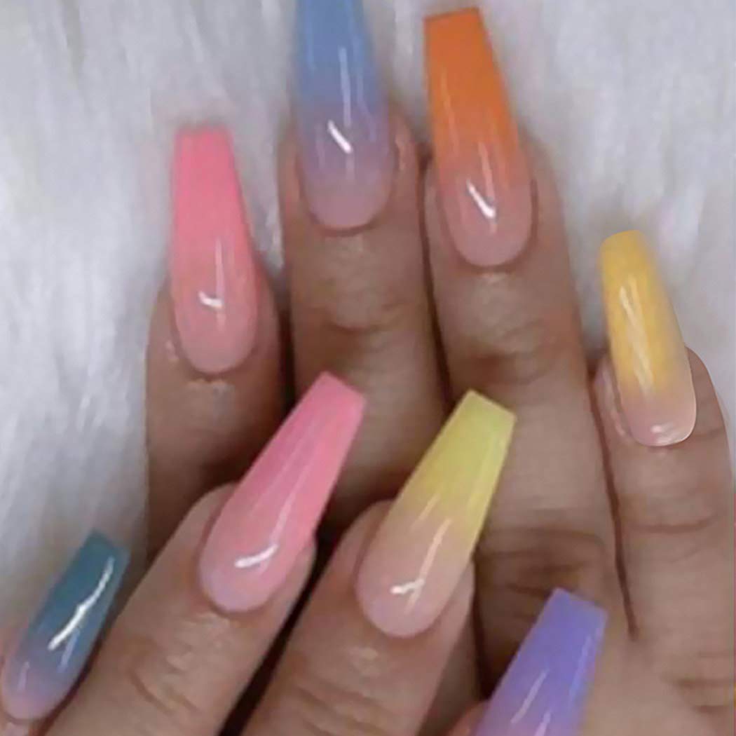 Uranian  Coffin Long Press on Nails Glossy Colorful Fake Nails Gradient Full Cover False Nails French Arylic Nails Tips for Women and Girls(24pcs) (Rainbow)