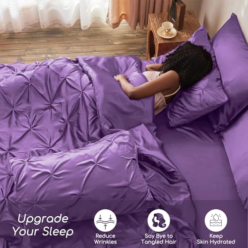 MR&HM Satin Comforter Twin XL 5 Pieces - Luxurious Pinch Pleat Bedding Set with Comforter, Flat Sheet, Fitted Sheet, Pillowcase & Sham, Super Silky Soft Bed Set for All Season (Twin XL, Lavender)