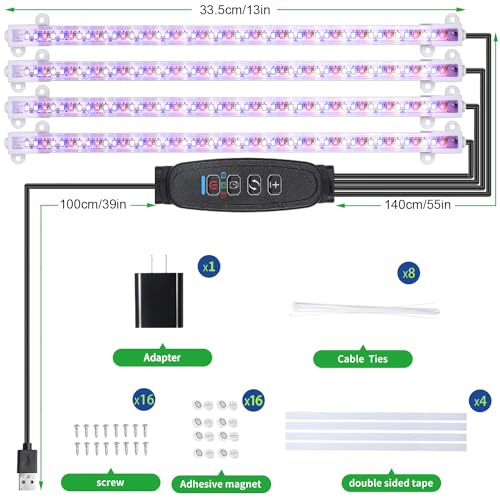 Image of RWNTAO Four Strip Growing Lamp for Indoor Plants, Red & Blue & Yellow Full Spectrum LED Grow Light Strips with Auto ON /Off 3 /9 /12H Timer,10 Dimmable Levels for Green House Succulent (13 in)