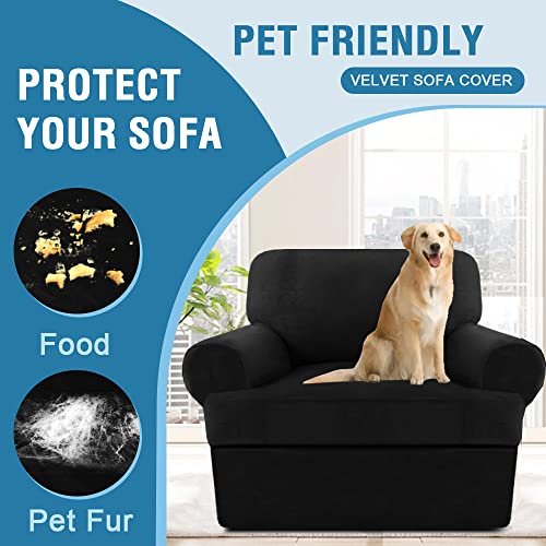 Sofa Cover 2 Piece T Cushion Armchair Slipcovers Thick Velvet Couch Cover Furniture Protector Stretch T Cushion Sofa Covers For 1 Cushion Couch With 1 Individual T Cushion Covers Washable, Black #TOP5