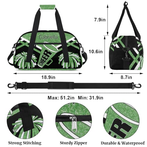 Custom Name Cheerleader Gym Bag for Kids Girls, Personalized Dance Sport Duffel Gymnastics Bag Travel Weekender Outdoor Tote Carry-On Bag, Green Black Glitter Sequins2