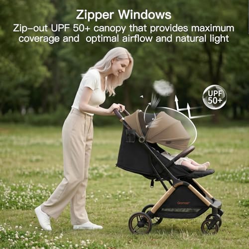 Image of Gromast Gravity Folding Baby Stroller - Portable Travel Toddler Stroller w /Adjustable Backrest, Canopy & Cup Holder, Lightweight and UV Protected, One-Hand Automatic Folding - Golden Khaki