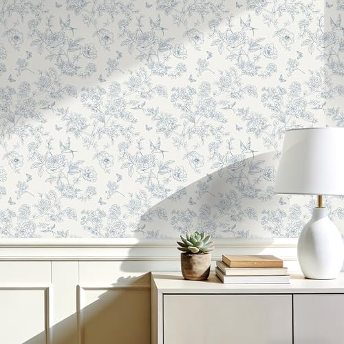 Floral Peel and Stick Wallpaper- Blue and White Vintage Flowers Contact Paper for Bathroom, Bedroom - Boho Removable Self Adhesive Vinyl Wall Paper for Decor Shelf Linings and Cabinets,17.3' x 78.7'