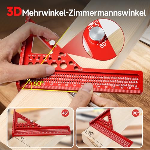 Beslands 3D Gehrungswinkel Zimmermannswinkel, Multifunktionales Messlineal aus Aluminiumlegierung, Hochpräziser Winkelmesser (22.5-90°), Anreißlineal&Bohrführung für Tischler, Ingenieure&Heimwerker