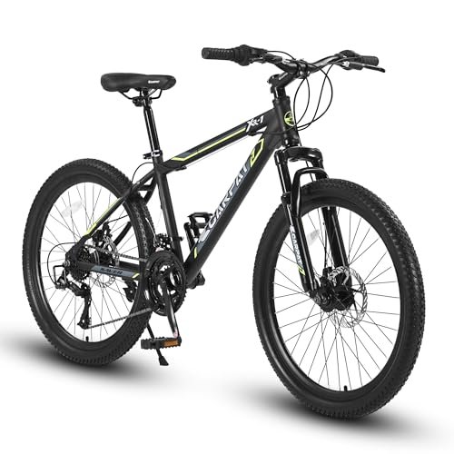 KIAPALNO 24 Inch Mountain Bike for 16+ Years Old, 21 Speed Mountain Bicycle with High Carbon Steel Frame, Dual Disc Brakes and Front Suspension, MTB Bike for Boys Girls, Black-Green