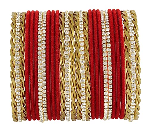 Image of NMII Gold Plated Metal Velvet Bangles Set For Women & Girls with Zircon Gemstone Studded | Traditional Women's Bangles | Designer Gold Bangles | Fashion Jewellery- Set of 28