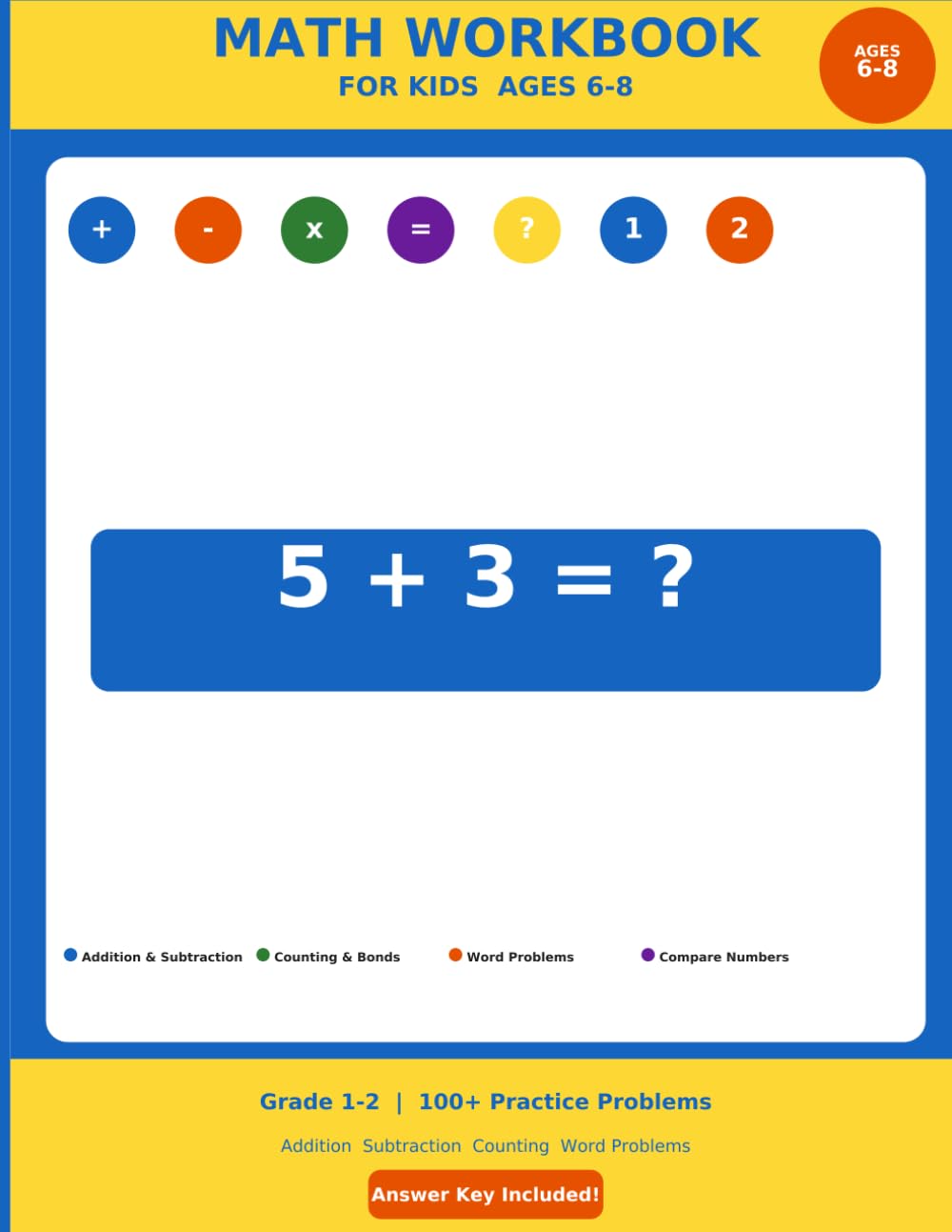 Math Workbook for Kids Ages 6-8: Addition, Subtraction, Counting and Number Practice for Grade 1-2