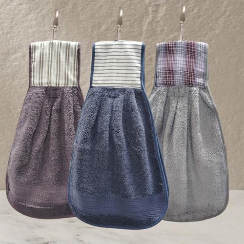 Image of Hanging Hand Towel | Wash Basin Napkin with Loop | Kitchen Sink Towel | Pack of 3 in (Blue, Grey and Purple) | Assorted