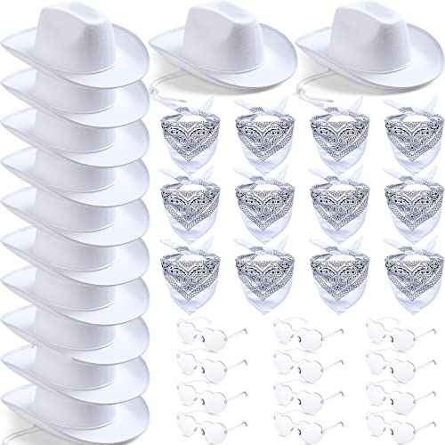 Image of 36 Pcs Adult Cowboy Hat with Paisley Bandanna Heart Sunglasses Unisex Felt Cowboy Hat Men Women Western Party Costume