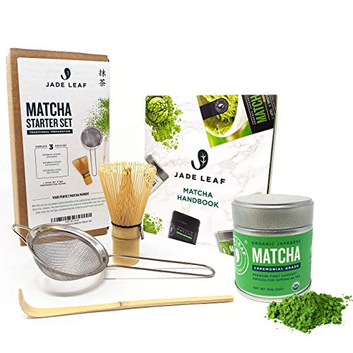 Jade Leaf Organic Ceremonial Matcha (30g Tin) and Traditional Starter Set (Bamboo Whisk and Scoop, Stainless Steel Sifter)