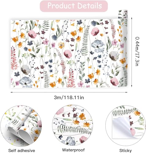 CHDITB Blumen Tapete Selbstklebende,Aquarell Blumen Möbelfolie Klebefolie,Boho Wohnzimmer wandstickers(44x300cm) Weiß Blumentapete… – Ansicht 2