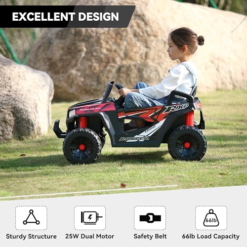 TOBBI 12V Kids Ride On Car Toy, Toddlers Electric Off-Road Truck, Battery-Powered 4 Wheels Vehicle to Drive with 25W Dual Motors/Safety Belt/Horn/Music & LED for Chirdren Aged 3-6 Years-Red