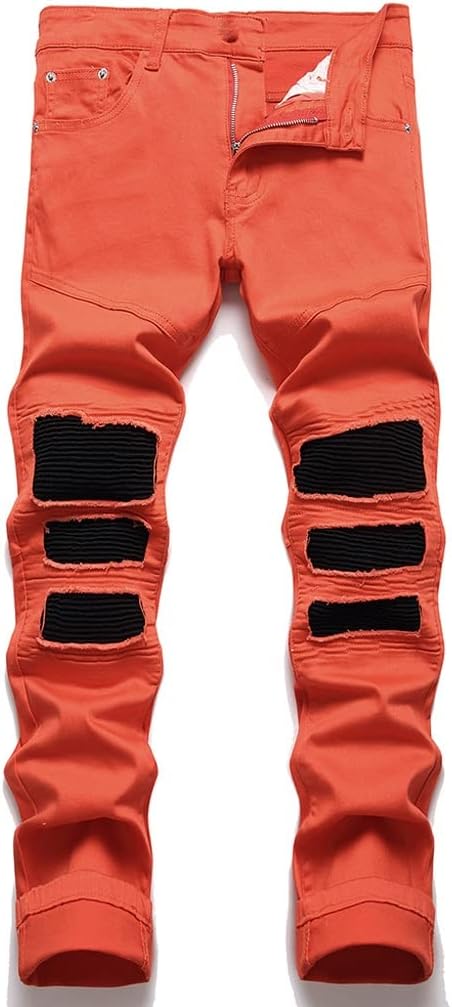 Men Cracked Pleated Patch Biker Jeans Streetwear Patchwork Slim Straight Stretch Denim Pants Ripped Trousers