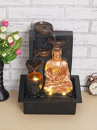 Image of Polyresin Golden Brown Meditating Buddha Tabletop Indoor 4 Diya Steps Water Fountain for Home Decor with Yellow LED Light & Speed Controller Pump (Size: 40 x 29.5 x 22CM | Wt: 2685grm)