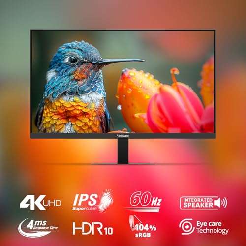 ViewSonic VA2708-4K-MHD, 27-inch (68.58cm) 4K UHD Monitor, SuperClear® IPS, HDR10, sRGB 104%, 1.07B Colors, Dual Speakers, Dual HDMI 2.0, DP, Eye ProTech+, 3-Sided Frameless, Slim Design view 2