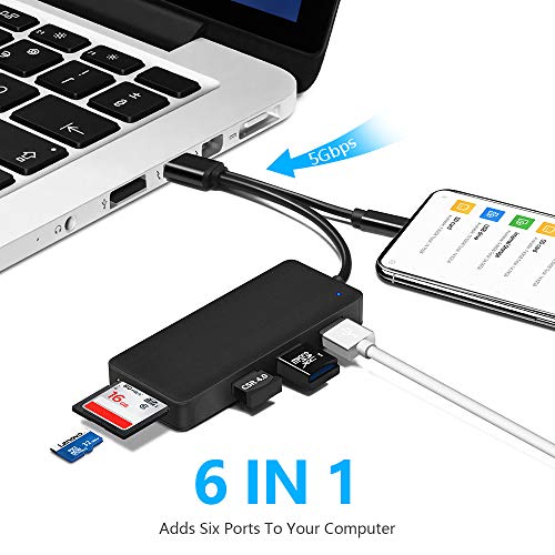 Micro USB OTG to Type C Adapter, Opluz 3-Port 6 IN1 USB/USB C HUB Adapter Fast Speed 5Gbps, Card Reader Read 2 Cards Simultaneously CF/TF/SDXC/SDHC/SD/MMC/Micro SDXC/Micro SD/Micro SDHC/MS/UHS-I