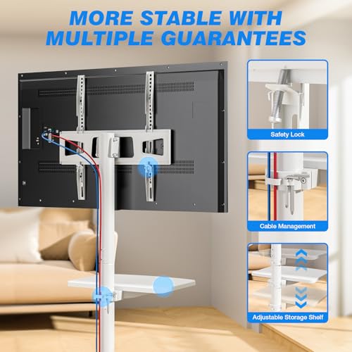 Rolling TV Stand with Shelf for 23-65/32-85 inch TVs up to 88lbs, Portable Mobile TV Cart with Silent Wheel, Tilt & Height Adjustable Universal Corner TV Stand for Bedroom, Living Room (White, 23-65") by Rfiver - Image 6