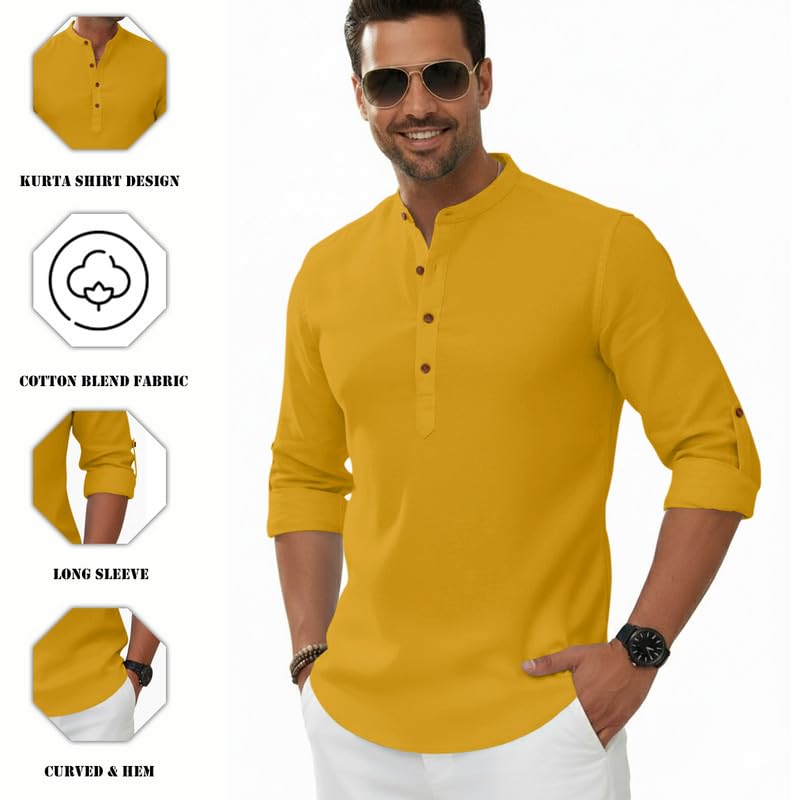 Image of Macsivo Men's Cotton Blend Solid Short Kurta with Regular Lenth Mandarin Neck Full Sleeves and roll-up tab| Kurta Style Shirt for Men