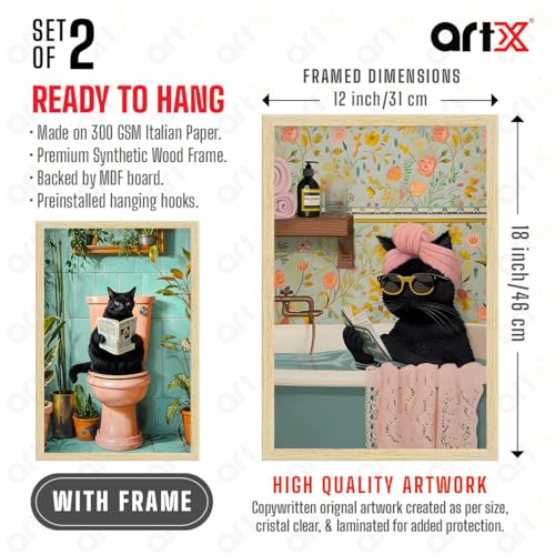 Image of ArtX Paper Boho Cat Art Paintings with Frame for Home Decor, Abstract Wall Painting for Living Room, Multicolor, Natural Wood Color Frames, 12.0 x 18.0 inch, Set of 2