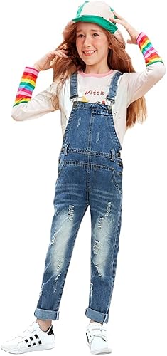 Miniatura 4 de ABALACOCO Overol de mezclilla para niñas y niños, con correa ajustable, rasgado, lindo, overol, pantalones, 6-13T
