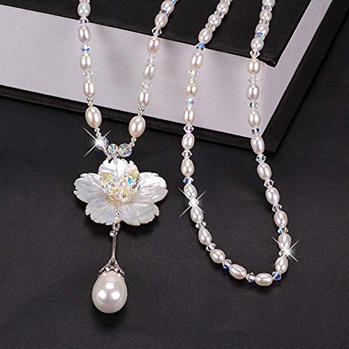 Elegant Shell Flower Pendant Long Necklaces Bohemian Handmade Shell Pearl Crystal Beaded Statement Necklace For Women Girls Gifts (White Shell Flowers Long Necklace) #TOP4