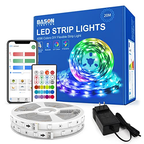 BASON LIGHTING 65.6ft LED Strip Lights, Bluetooth App Control and Remote Control Color Changing Light Strip, SMD 5050 RGB LED Lights for Bedroom, Millions DIY Colors Music Sync for Bar, Party, Room