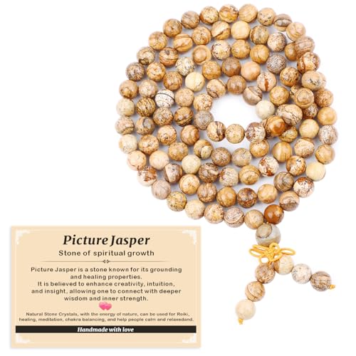 AD Beads 8mm 108 Prayer Mala Picture Jasper Elastic Bracelet - Spiritual Growth - Handmade Yoga Meditation Healing Power Energy Gifts for Unisex Adult.