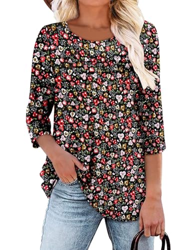 KISSMODA Women's Casual 3/4 Sleeve T-Shirts Round Neck Cute Tunic Tops Basic/Pleated Summer Tops Trendy Spring Blouses