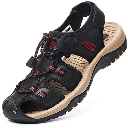 Rumdax Men's Sport Sandals Outdoor Hiking Sandals Closed Toe Leather Athletic Trail Walking Casual Sandals Water Shoes (A-Black,48) #TOP25