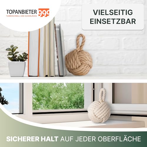 TOPANBIETER 999 2er Set Deko Türstopper Jute natur und cremweiß Türhalter Fensterpuffer Bodenstopper Tür Stopper Knoten Natur Strick Kugel mit Schlaufe ca. 1,5 kg