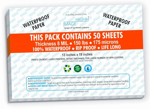 WATERPROOF PAPER WEATHER-PROOF TEAR-PROOF PAPER 13X19" 50 Sheets, 150 LB Thick 8 MIL for Laser Printer Eco-friendly alternative to lamination