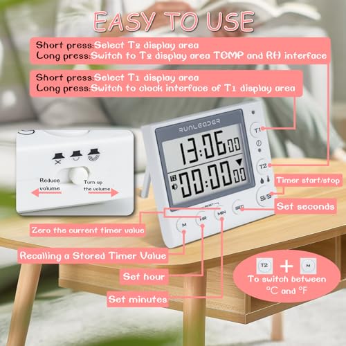 Jayron KT002A 2-Channel Kitchen Timer Magnetic Countdown Timer Clock Temperature and Humidity Meter Digital Minute/Second Timer Desk Clock for Elderly Kids(White) - Image 4
