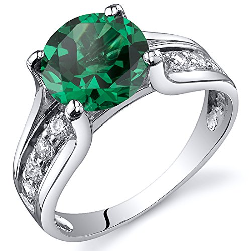 PEORA Simulated Emerald Cathedral Ring in Sterling Silver, Solitaire Round Shape, 8mm, 1.75 Carats total, Comfort Fit Sizes 5 to 9 - Main Image