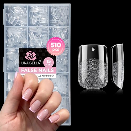 UNA GELLA Short Square Gel Nail Tips 510Pcs Short Square Press on Nails 15 Sizes Half Matte Fake Acrylic Full Cover Nail Tips Clear No C Curve False Nails for Nail Extensions DIY Home Salon for Women