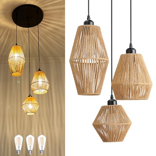 Vivihobb RATTAN-3 LIGHT 3-Light Rattan Pendant Light,Hand Woven Boho Chandelier,Wicker Pendant Light Fixture,Kitchen Dining Room Chandelier Over Table,Hanging Light cover