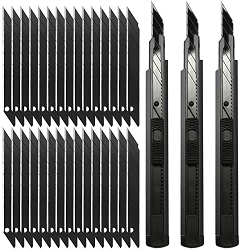 FOSHIO Retractable Utility Knife with 30 Degree Snap Off Blade 9MM, Box Cutter for Carton, Cardboard and Box, Office, Home Use, 3 Pack Black Aluminum Handle Knife ​with Extra 30 Replacement Blades by FOSHIO - Used condition - US$15.83
