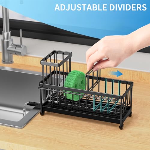 Cisily Sponge Holder for Kitchen Sink, Sink Caddy Organizer with High Brush Holder, Kitchen Countertop Organizers and Storage Essentials, Rustproof 304 Stainless Steel (Black with Towel Rack, 9.25″) - Thumbnail 6