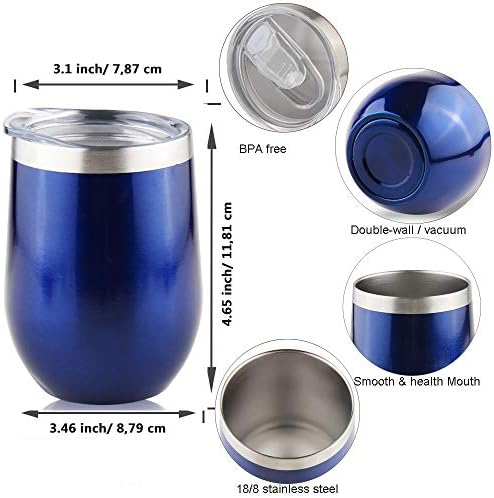 Sivaphe Cups Stainless Steel Wine Tumblers Insulated Double Walled Coffee Tea Glasses with Lids for Camping Home Office Party 12OZ Set of 4 Green Purple Rose Red Navy Gifts Families