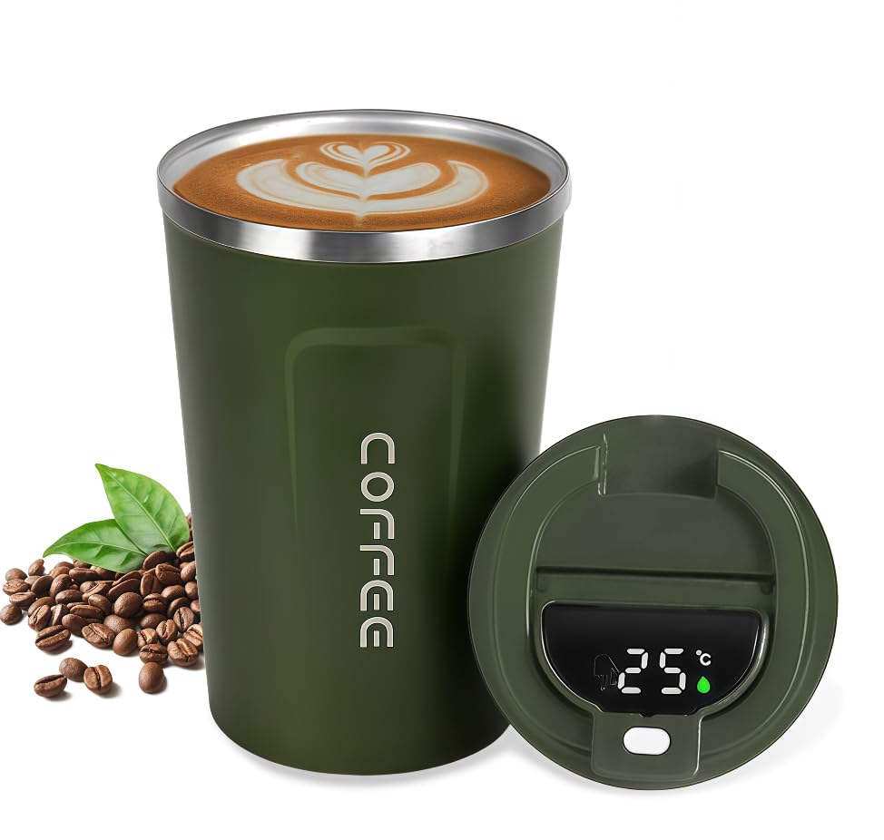 AMFUN Travel Mug, 380ml Insulated Reusable Leakproof Car Coffee Cup, Led Temperature Display Tumbler, Stainless Steel Mug for Hot & Cold Beverages (Green)