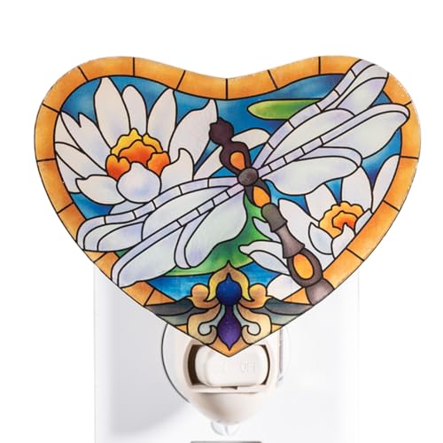 Image of Dragonfly with White Lotus Night Light - Stained Glass Styled Plug-in Wall Light for Vertical Outlets - Real Glass, Warm Glow for Bedroom, Bathroom, Hallway -Gift for Nature Lover