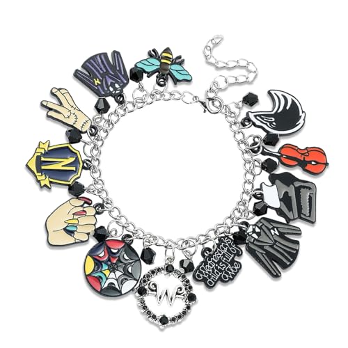 BJPERFMS Pulsera Miércoles, Cadena Ajustable Plateada y Negra, Accesorios de Miércoles, Amistad Pulsera, Regalo para Mujeres Niñas