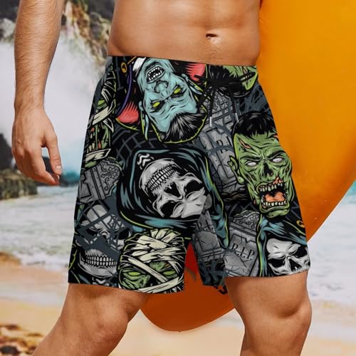 Mens Swim Trunks with Compression Liner, Halloween Horror Printed Board Shorts4