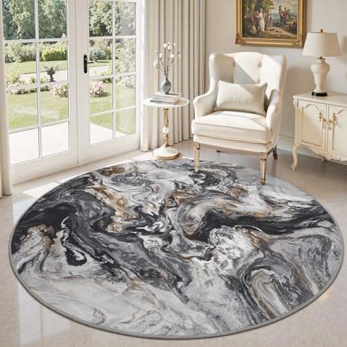 PADOOR 6' Round Abstract Area Rug, Washable Non-Slip Low Pile, Marble Black