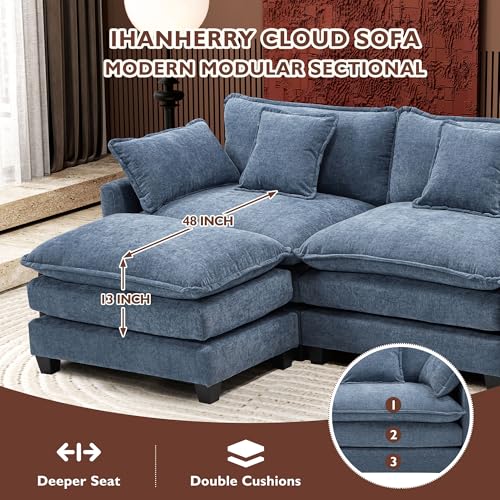 Image of Ihanherry 77 inch L Shaped Modern Sofa Modular Sectional Cloud Couch with Ottoman, 3-Seat Chenille Deep Seat Sofa with Pillow for Living Room, Bedroom and Apartment, Blue